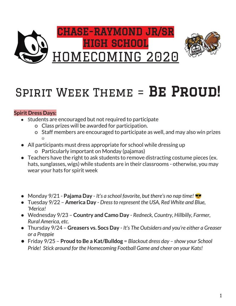 Fall 2020 Homecoming Spirit Days